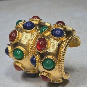 Chunky Oversized Matte Gold Plated Byzantine Mogul Glass Cabochon Hoop Earrings